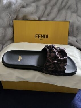 Fendi Black Slide Sandals with Brown FF-Patterned Ruched Strap